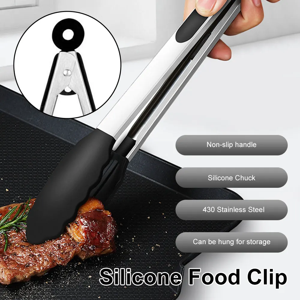 

Silicone BBQ Grilling Tong Stainless Steel Kitchen Tongs Heat Resistant Non-slip Cooking Clip Clamp BBQ Salad Tools Kitchenware