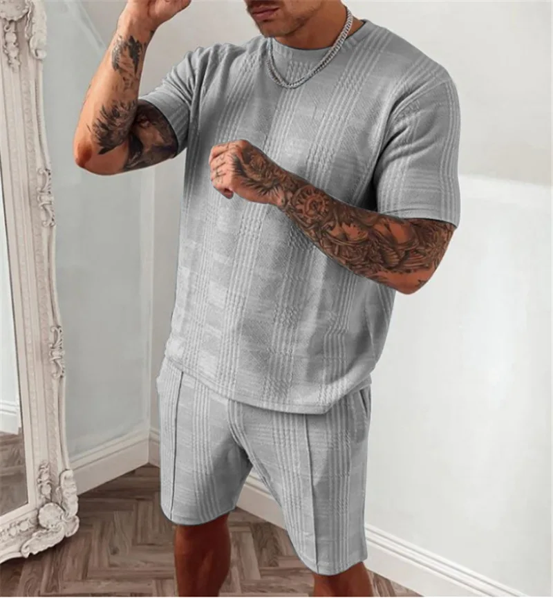 2023Summer New Tracksuit Men Casual SportsSet Solid Color Plaid Short Sleeved Shorts SetsMens Fashion 2 Piece Sportswear Clothes