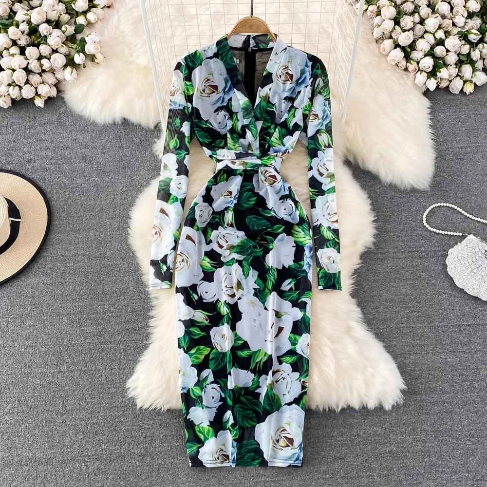 

SuperAen New Korean Fashion Big Flower A-line Dress Print V-neck Long Sleeve Dresses for Women 2022