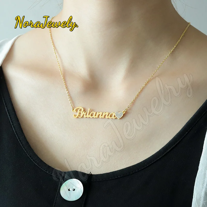NORAJewelry Customized Iced Out Heart Name Necklace Pendant Heart Stainless Steel Charm Nameplate Necklace Jewelry Women Gifts