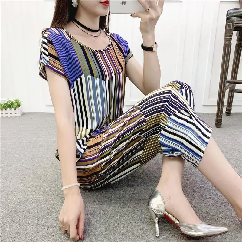 

2022 Summer Middle-aged and Elderly Women's Suit Cotton Silk Printing Short Sleeve Top Elegant Mother 2 Piece Set N39