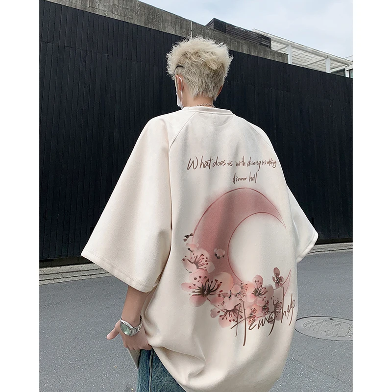 Suede 300G Heavy T-shirt Men's Fashion Brand Summer Couple's Cropped Half Sleeve American High Street Oversize Short sleeve