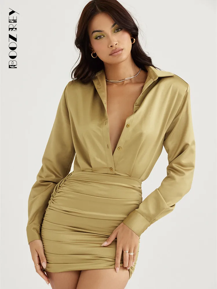 

BoozRey Elegant Fashion Casual Olive Satin Puff Sleeve Ruched Dress Women's Long Sleeve 2022 Summer New Y2kShirt Dress for Party