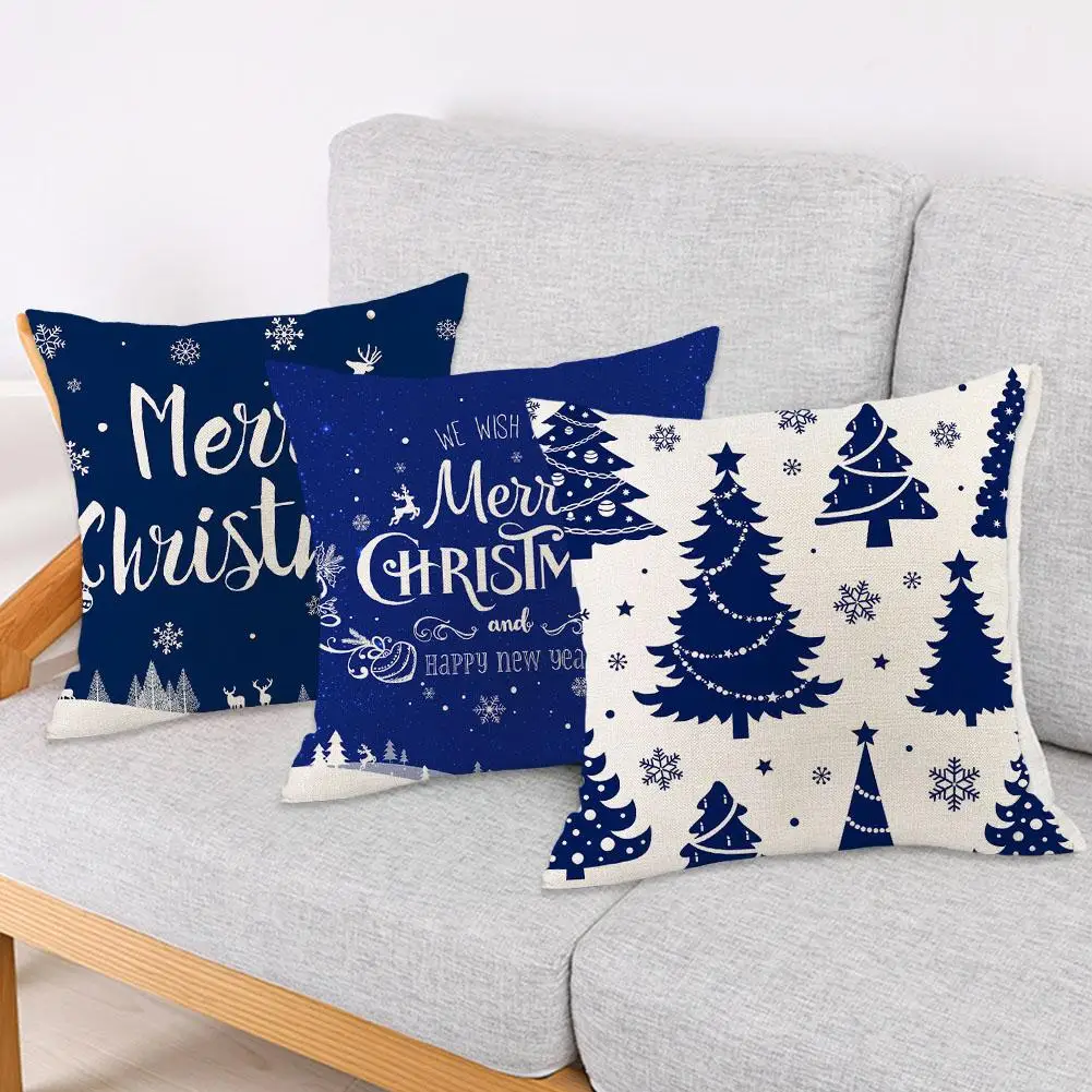 

Christmas Pillow Cover Blue Snowflake Tree Merry Christmas Decoration Cushion Cover Suitable For Sofa Porch J9W8