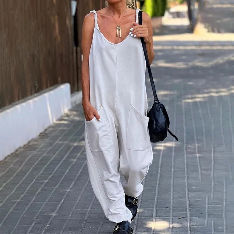 

Women Loose Pocket Jumpsuits Summer V Neck Sleeveless Strap Backless Wide Leg Pant Jumpsuit Plus Size Summer