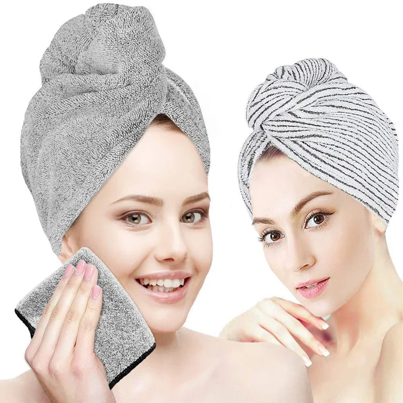 

Women Bamboo Charcoal Fiber Coral Velvet Hair Towel Quick Drying Stripe Turban Cap With Button Absorbent Anti-Frizz Bath ZB960