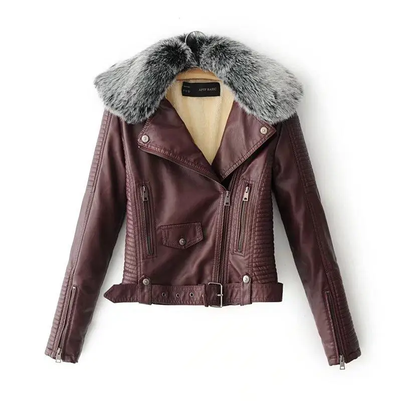 Ladies' Black Leather Jackets 2022 Autumn Winter Faux Lambs Warm Pvc Coat Woman Slim Long Sleeved Motorcycle Bikers Jacket