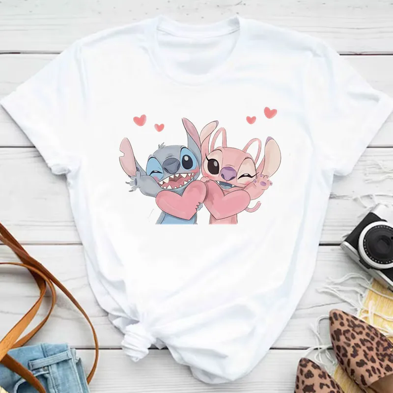 

Kawaii Stitch and Angel Heart T Shirt Fashion Female Summer White Tops Short Sleeve Casual Harajuku T-shirts