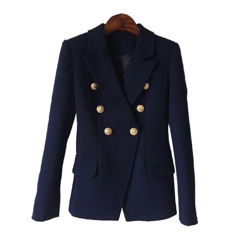 

HIGH QUALITY New Fashion Designer Jacket Women's 2022 Slim Fit Double Breasted Lion Buttons Stylish Dark Blue Blazer Female K343
