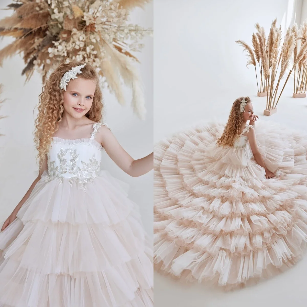 

Elegant Tulle Tiered Flower Girls Dress for Weddings Ball Gown Lace Applique Bridesmaid Pageant Party Dress