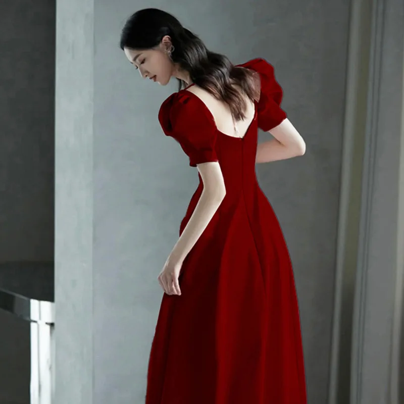Женское свадебное платье с квадратным вырезом бордовое длинное для выпускного