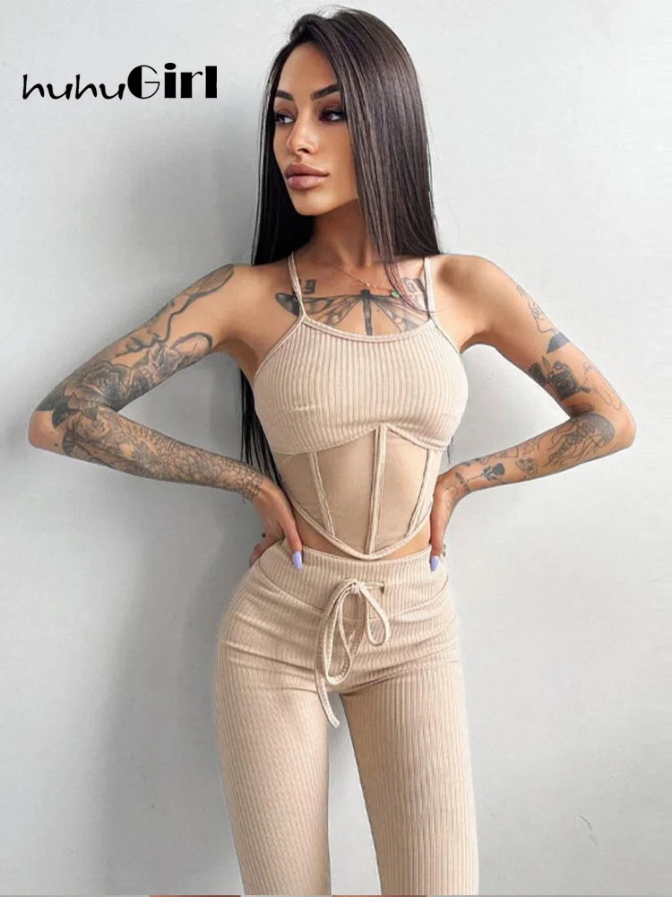 

Huhugirl 2022 Summer Sexy 2 Pieces Sets Women Outfits Mesh Transparent Tops and Pencil Pants Suits Elegant Female Set Tracksuits