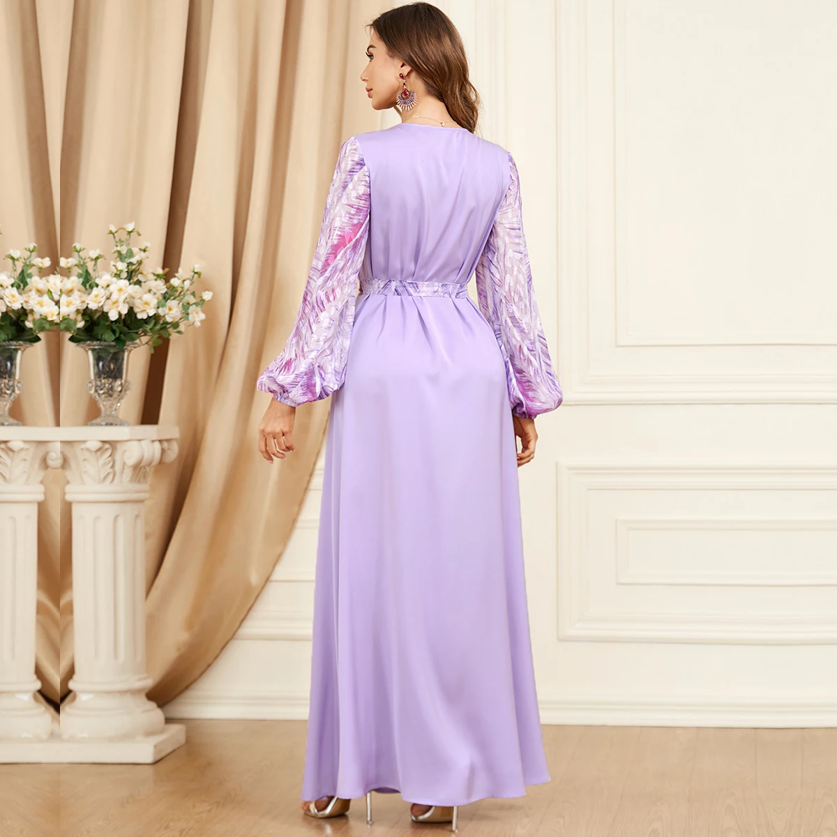 BNSQ 3402# 2023 Summer New Fresh Fashion Women's Dress Elegant Muslim Abaya Spliced Bubble Sleeve Beaded Dress