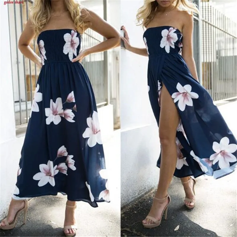 

2021 Bohemian Beach Dress Women Summer Casual Sleeveless Split Floral Off Shoulder Maxi Long Boho Dress Clothing Robe Female