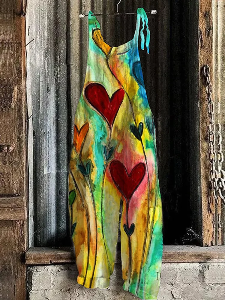 Женский свободный комбинезон без рукавов с квадратным вырезом и принтом листьев