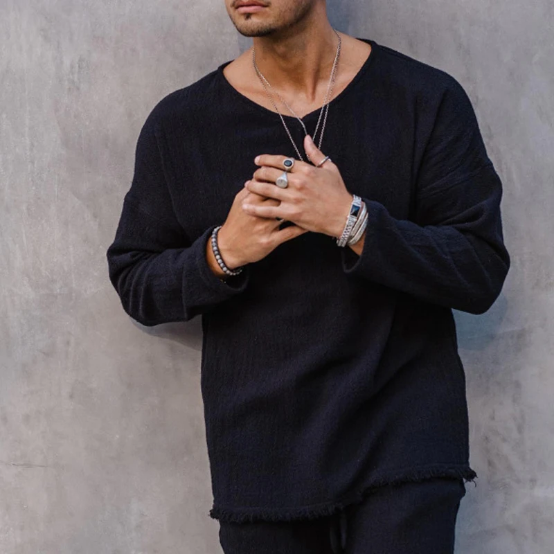 

Удобная свободная хлопковая футболка для мужчин, повседневный однотонный Простой Топ с длинным рукавом и круглым вырезом, уличная одежда, удобная летняя футболка