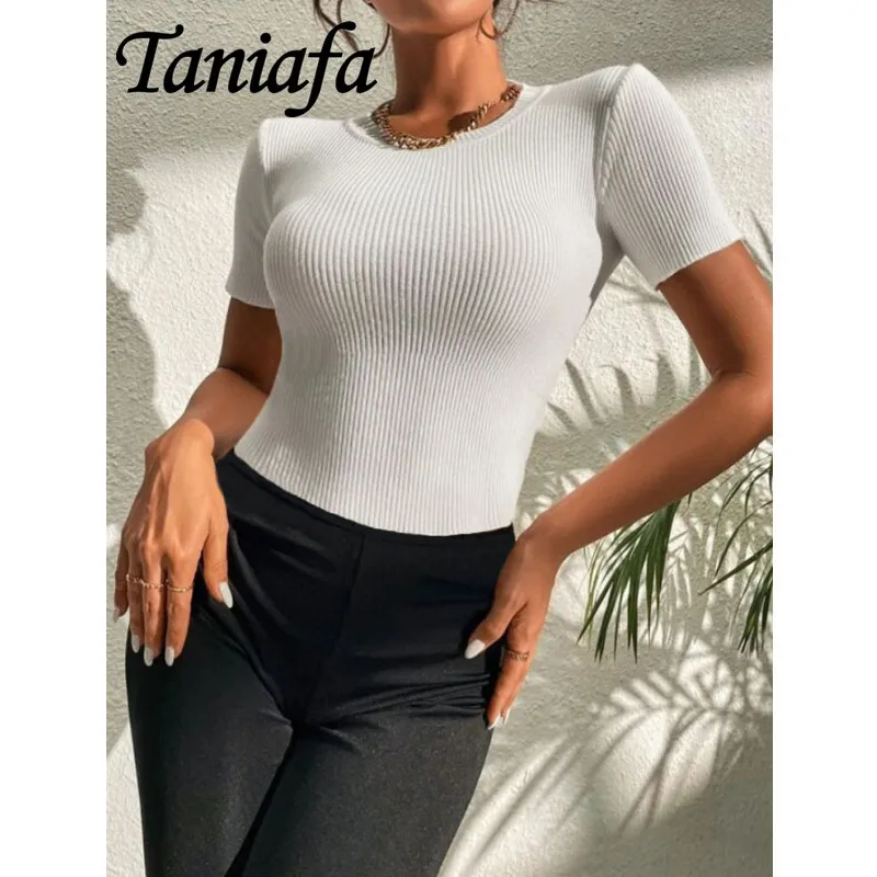 

Women Round Neck Knit Top Summer Casual T Shirt Basic Sexy Streetwear Ribbed Short Sleeve Tops