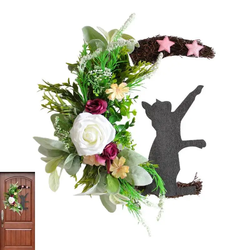 

Дверной венок на Хэллоуин, искусственный цветок, Висячие венки в виде Луны и кота, украшения для двери на Хэллоуин, настенный художественный...