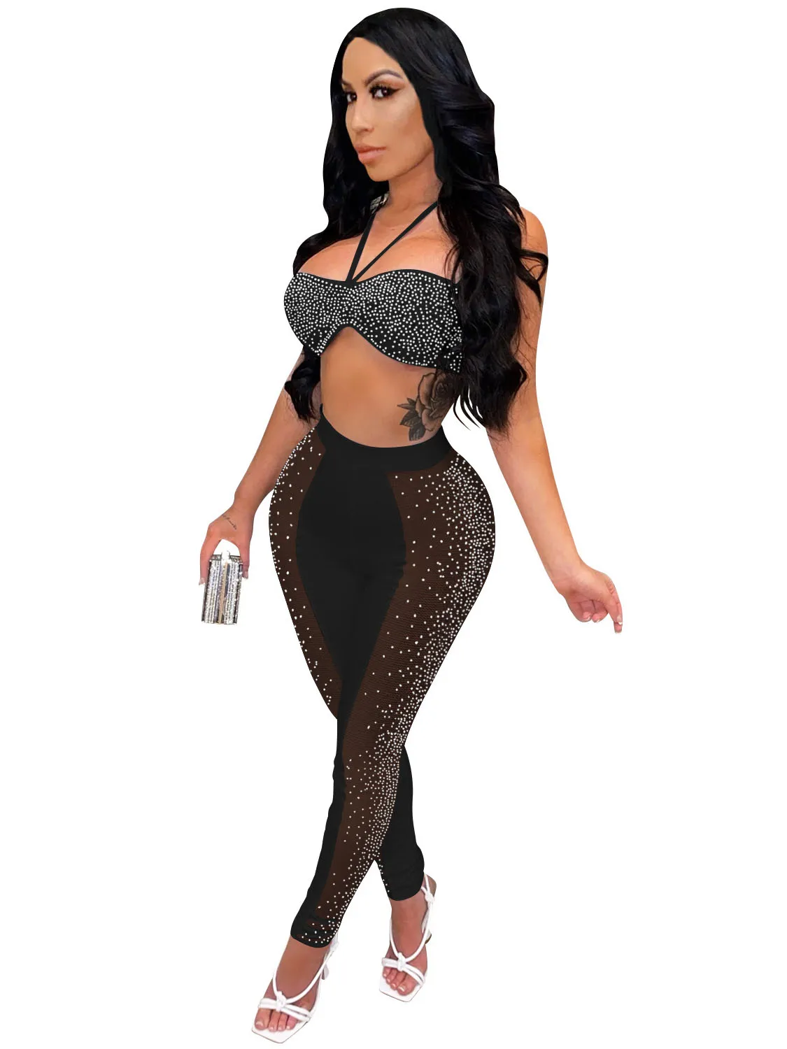 

Szkzk sexy mesh perspective hot drill two piece set navel Camis and trousers high waist tight fit patchwork night club party set
