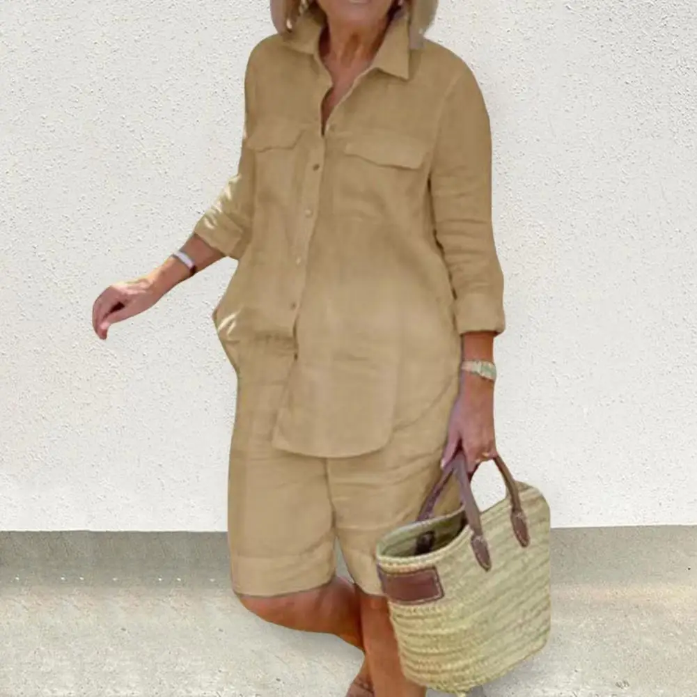 

2 Pcs/Set Women Shirt Shorts Set Solid Color Casual Pockets Turn-down Collar Single-breasted Loose High Waist Summer Blouse Suit