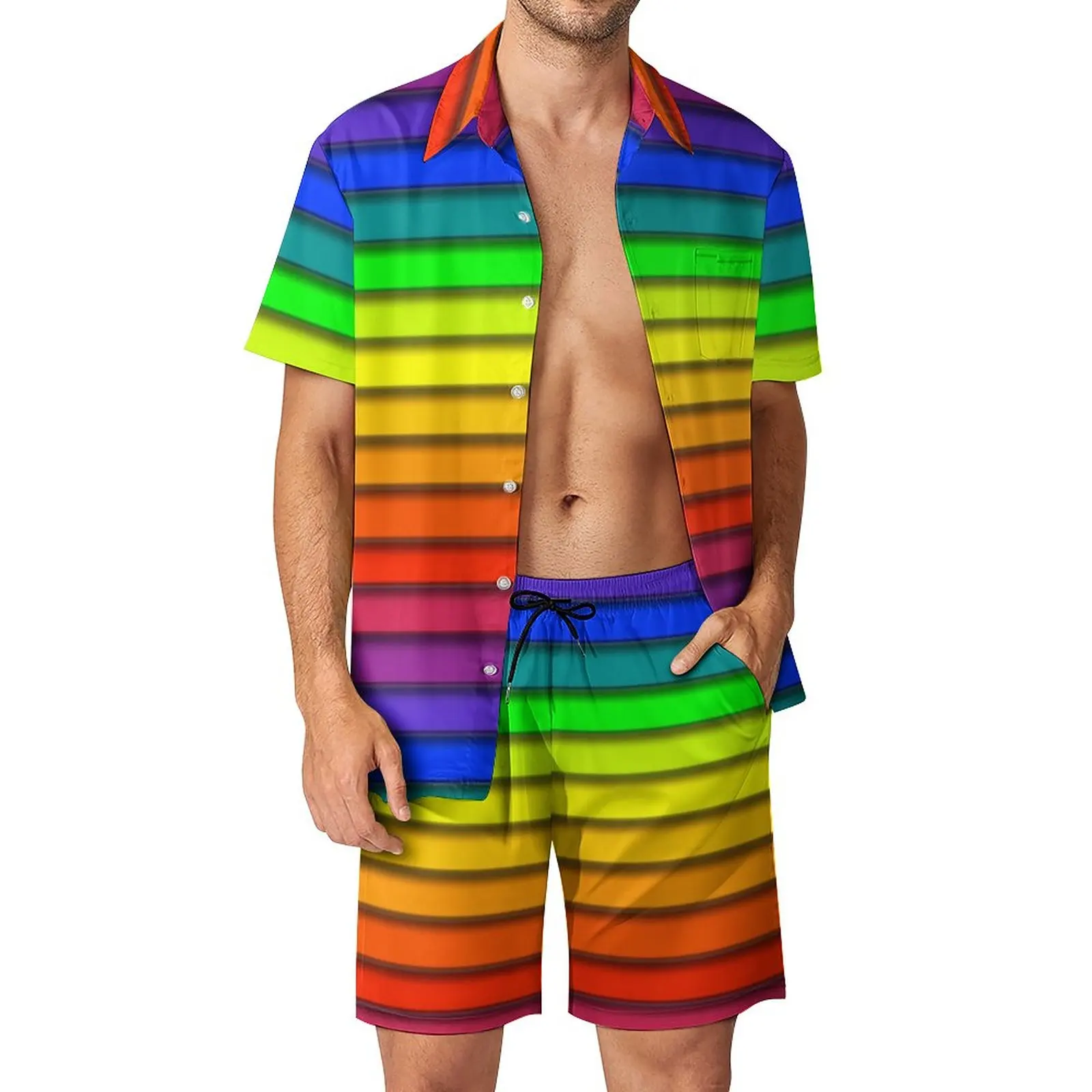 

Rainbow Striped Men Sets Horizontal Lines Casual Shirt Set Trendy Beach Shorts Summer Print Suit Two-piece Clothing Big Size 3XL