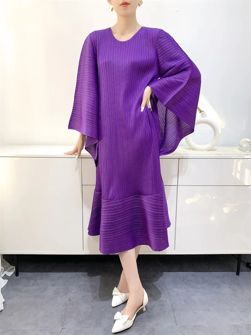 

Высококачественное платье Miyake, модное дизайнерское платье для женщин, новое летнее простое однотонное Плиссированное приталенное платье с рукавами-фонариками для похудения