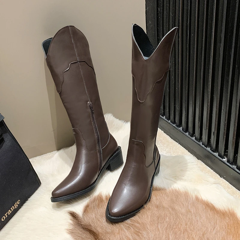 

Brown Long Boots 2023 New Knee-High Square Heel Pointed Toe Platform Women Shoes ZIP British Style Goth Boots Botas De Mujer