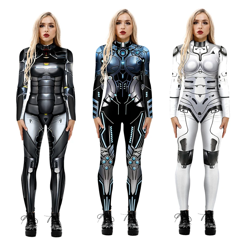 

3D Printing Cyber Machine Robot Armor Halloween Costume for Women Disguise Adult Cosplay Sexy Costume Tights Zentai Jumpsuits