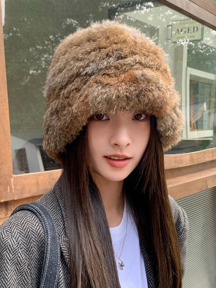 Утепленная теплая плюшевая меховая вязаная шерстяная шапка-умывальник Винни