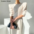 Женское твидовое платье с пышной юбкой, элегантное белое деловое платье с круглым вырезом, высокой талией и складками, офисная одежда, 2022