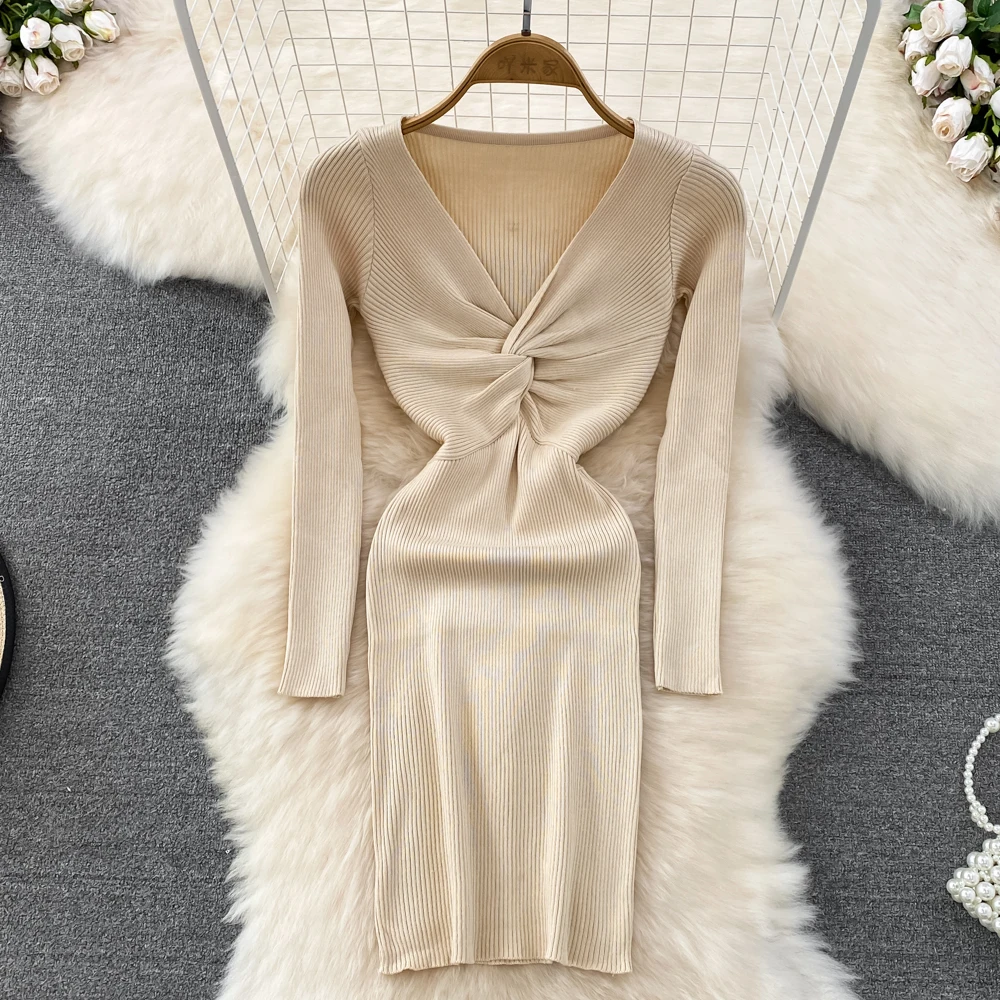 

Sexy Criss-cross Pleated Elegant Bodycon Dress Long Sleeve Korean Fashion Knit Vestido Women Autumn Winter Pencil Sweater Dress