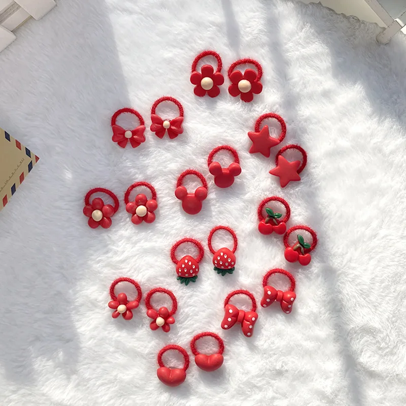 

10 Pcs/Lot New Red Elastic Hair Bands For Kids Girls Bowknot Strawberry Cute Flower Heart Star Rubber Band Hair Tie Accessories