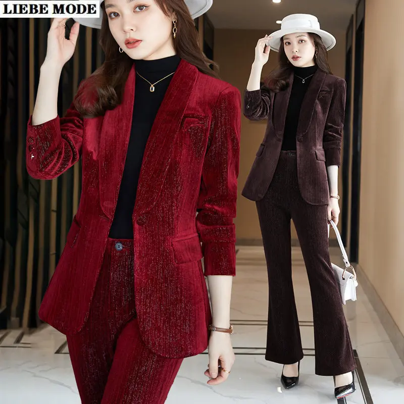 High Quality Velour 2 Pieces Set Women Formal Pant Suits for Office Ladies Female Brown Red Green Blazer and Flare Trouser Suite