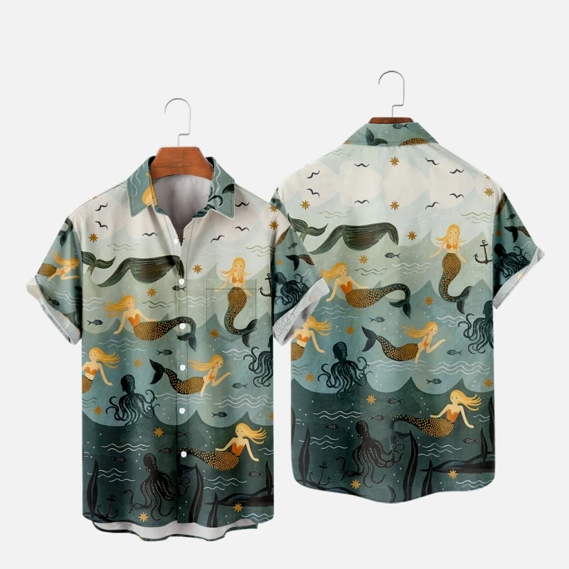 Men's Hawaiian T-Shirt For Women Mermaid Pattern 3D Printed Y2K Hombre Fashion Shirt Casual Beach Oversized Clothes 2