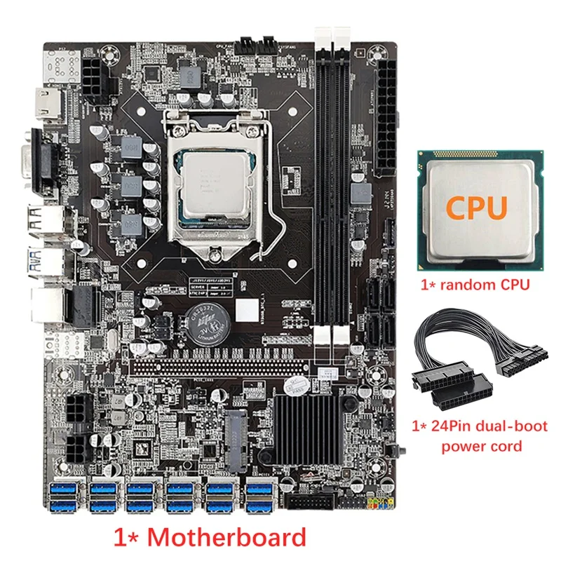 

B75 12 Card Mining Motherboard+CPU+24Pin Dual-Boot Power Cord For BTC/ETH 12 USB3.0 GPU Slot LGA1155 DDR3 RAM SATA3.0