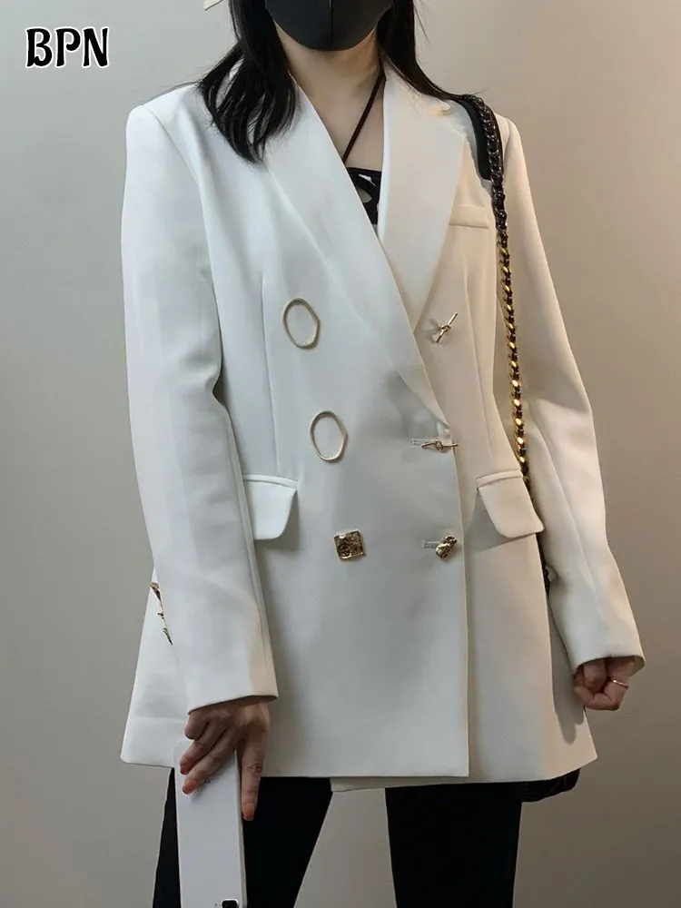 

BPN Solid Straight Blazers For Women Notched Collar Long Sleeve Patchwork Buttons Slimming Blazer Female Fashion Clothing New