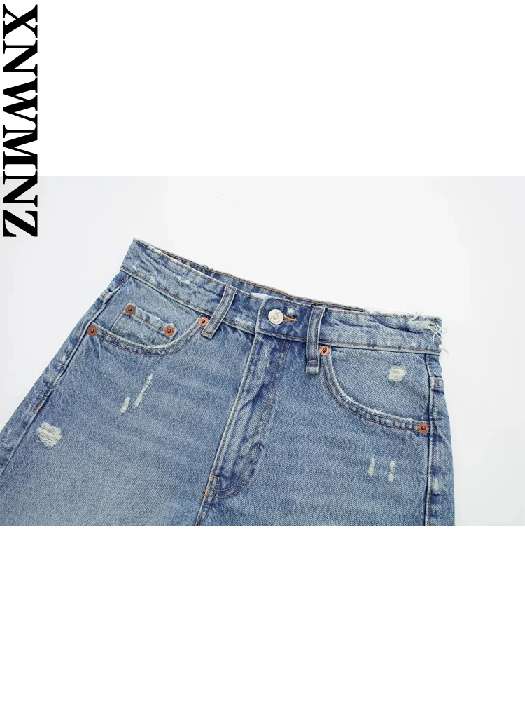 XNWMNZ Women's Fashion 2023 Bermuda Denim Shorts Women Vintage High Waist Zipper Seamless Hem Casual Female Shorts