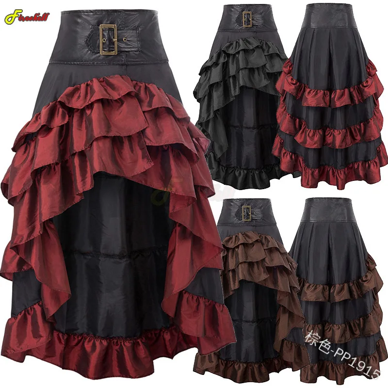 Women's Medieval Steampunk Skirts Party Club Wear Retro Vintage Gothic Open Front Ruffled High-Low Punk Skirt Faldas Largas