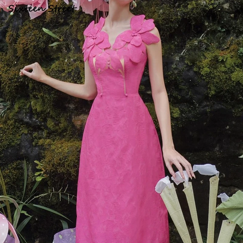 

Rose Red Vintage Flower Dress Women V-neck Sleeveless A-line Elegant Bodycon Dress Ladies High Waisted Design Prom Vestido 2023