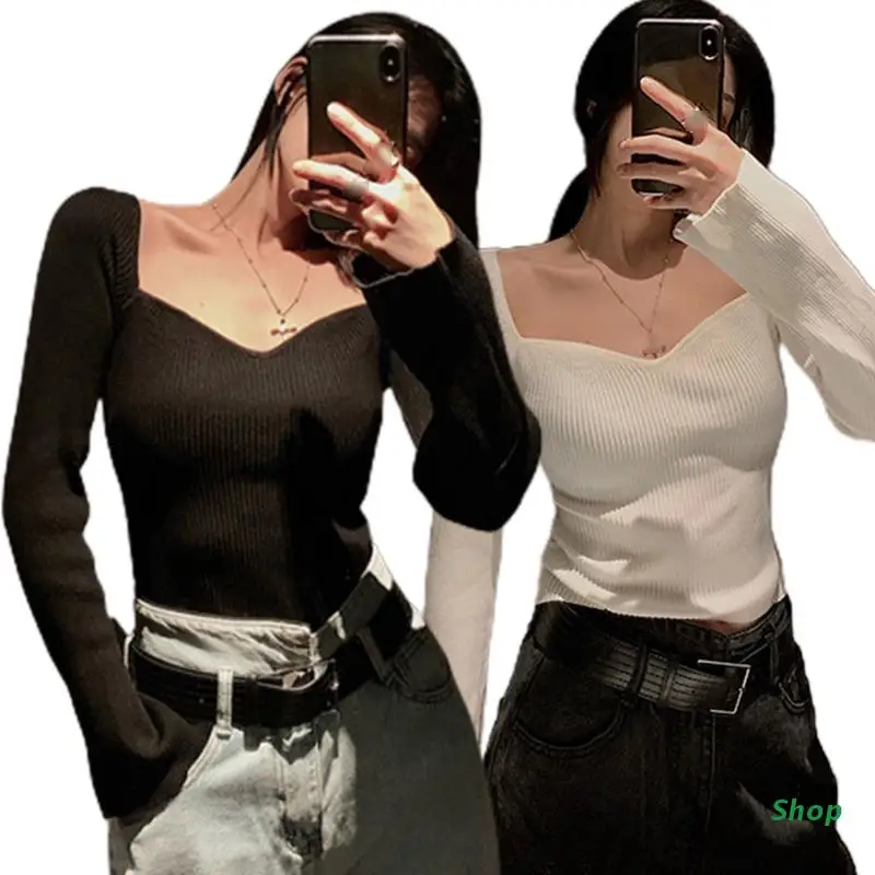 

L5YC Women Casual Slim Sweater Pullovers Long Sleeves Blouse Comfy Solid Fall Winter