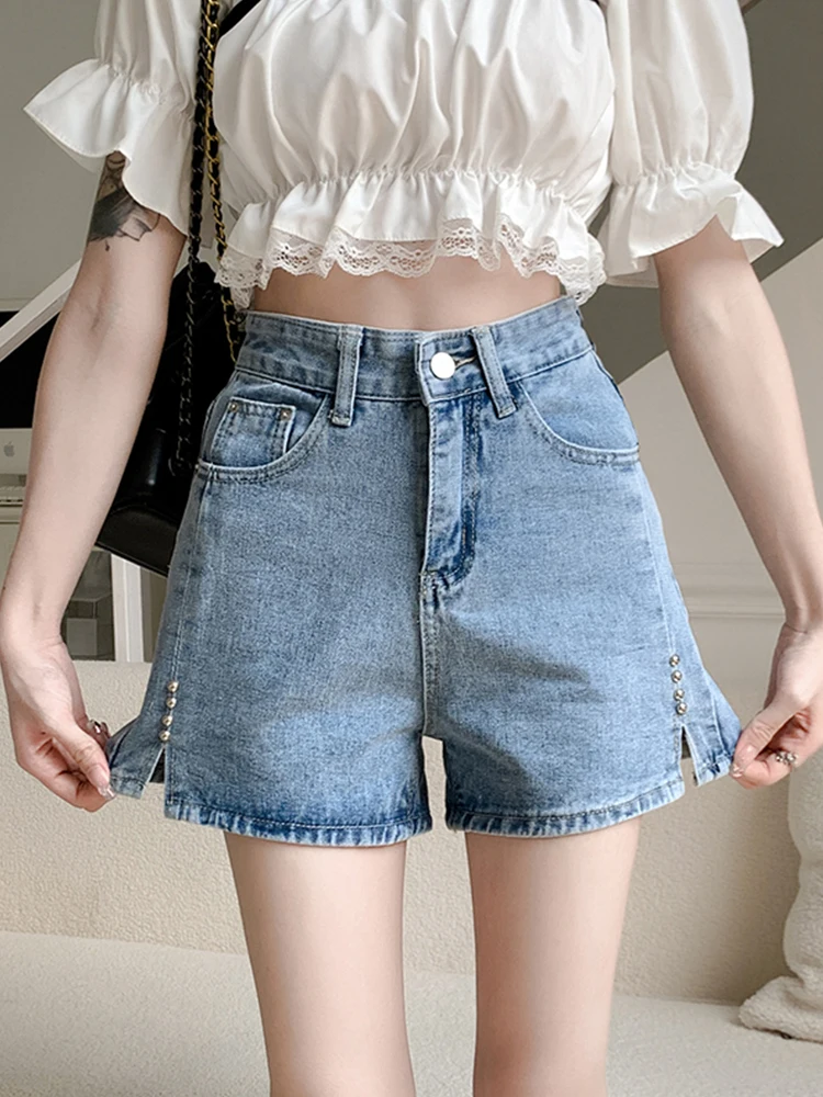 Spring Summer Women High Waist Wide Leg Retro Blue Denim Shorts Streetwear Female Button Rivet Jeans Shorts Bottoms