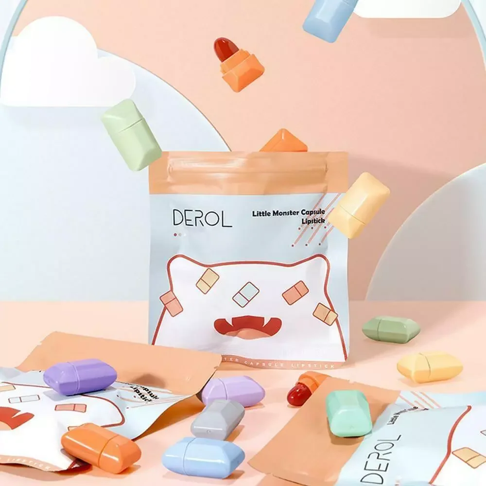 

8-Color Mini Little Monster Capsule Lipstick Protable Cute Candy Lipstick Kit Nonstick Cup Velvet Matte Easy To Color