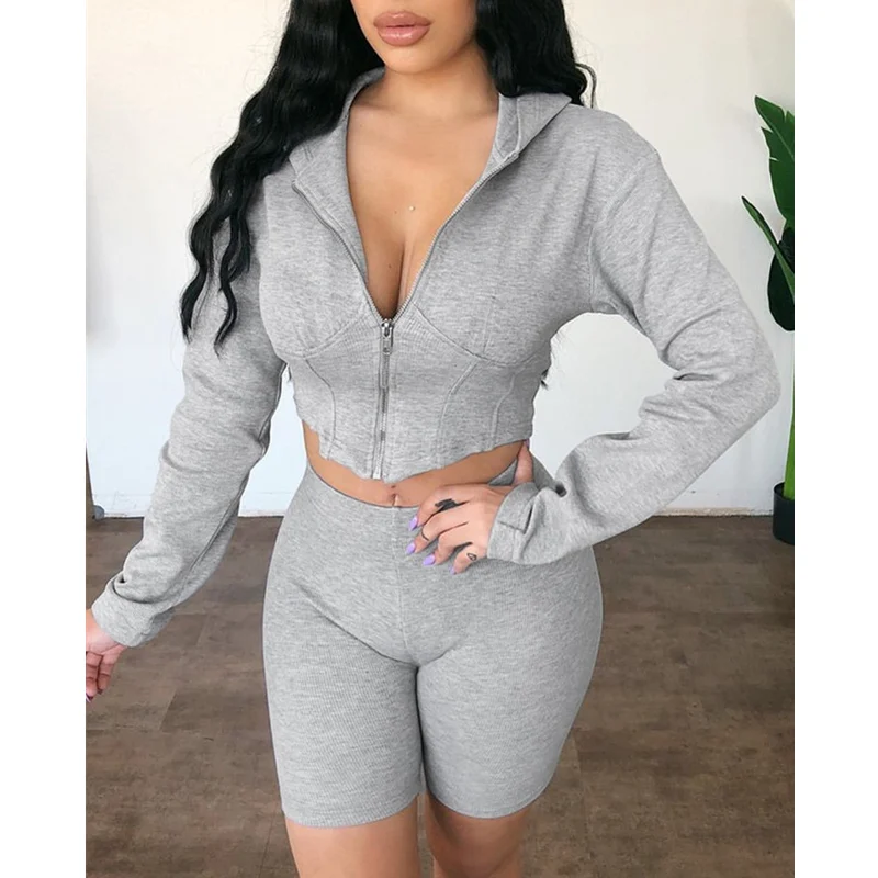 

Zipper Design Corset Hoodie Top & High Waist Shorts Two Piece Set Women Tracksuit Outfits Streetwear Female Clothing Suit