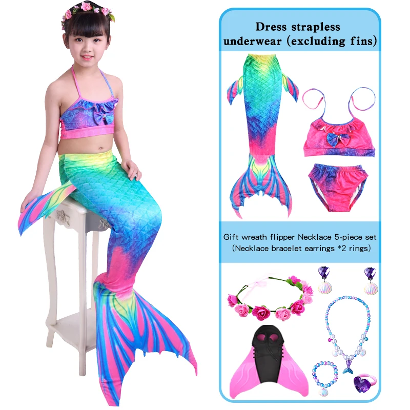 

Kids Swimming Mermaid Tails Girls Costumes Can Add Monofin Children Beach Bikini Swimsuit Earrings Cosplay Costume