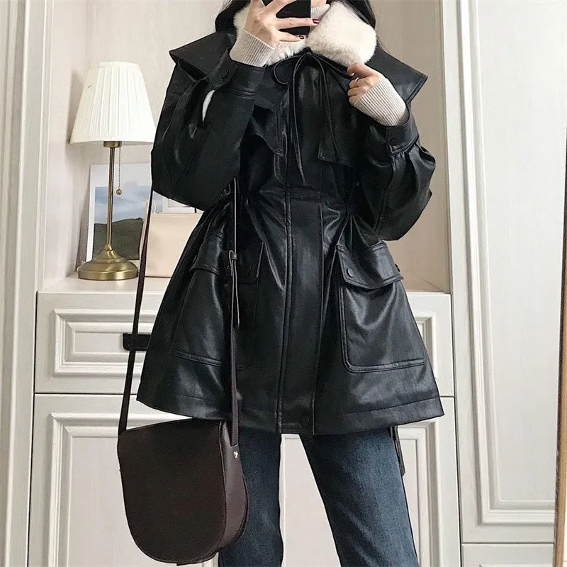 Leather Fur Coat Winter Jacket Women 2022 New Fall Lamb Wool Warm Locomotive Coat with Sashes Kor