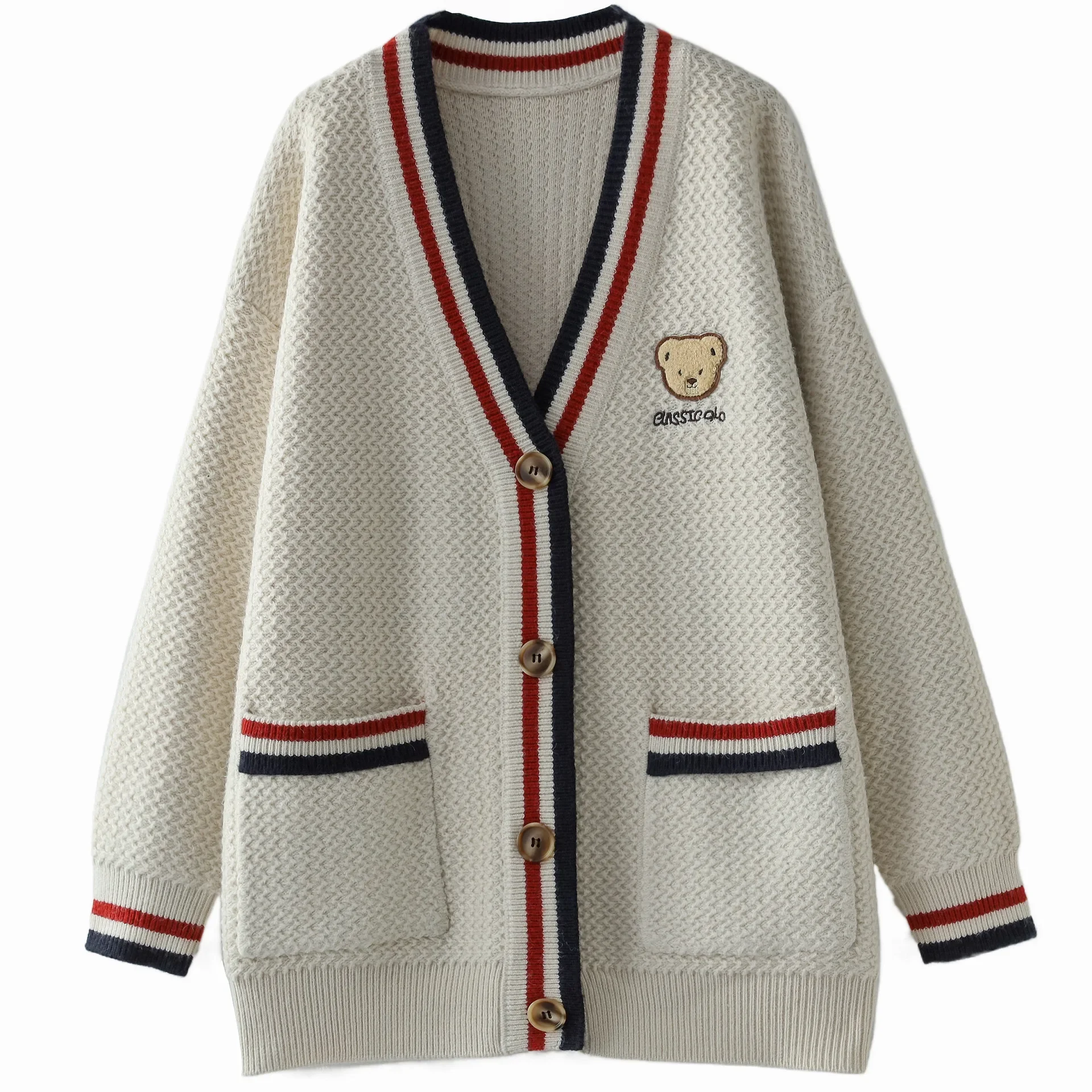 Осенний новый жаккардовый вязаный свитер с v-образным вырезом и медведем женский