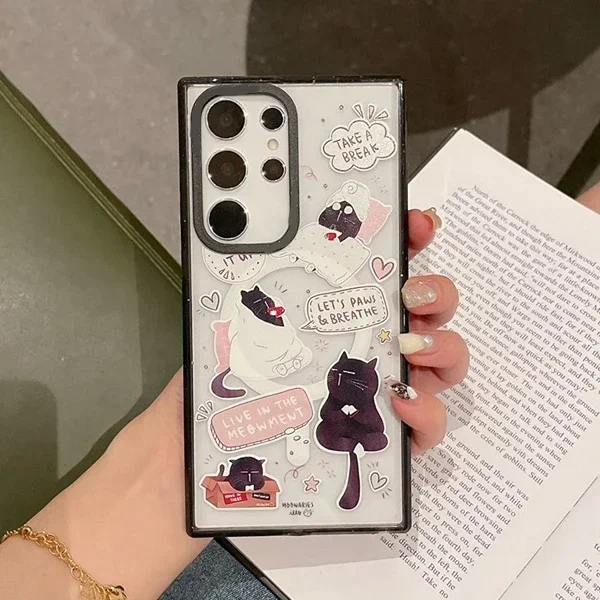 Черный Защитный акриловый чехол MagSafe с изображением кота для Samsung Galaxy S24 U S23U S22 Ultra