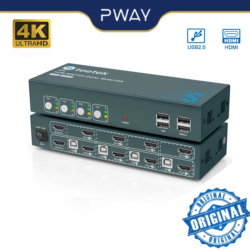USB KVM-переключатель PWAY 8 в 2 Out 4K60Hz, HDMI-разветвитель, многофункциональная клавиатура и мышь для ПК, ноутбука, двойной экран дисплея