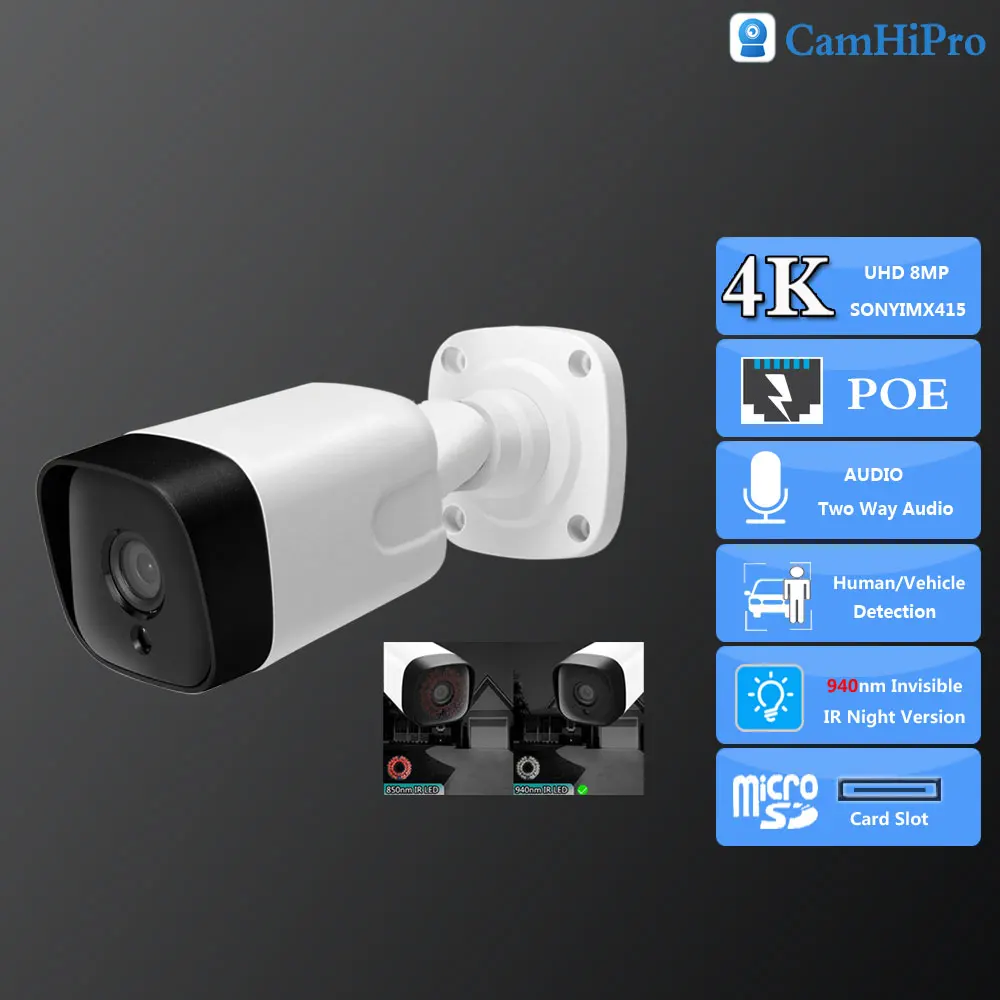 8MP 4K Poe So-ny415 Датчик безопасности 5MP Двустороннее аудио 940nm Невидимый ИК-светодиод Открытый Водонепроницаемый Слот для SD TF Card 3,6 мм