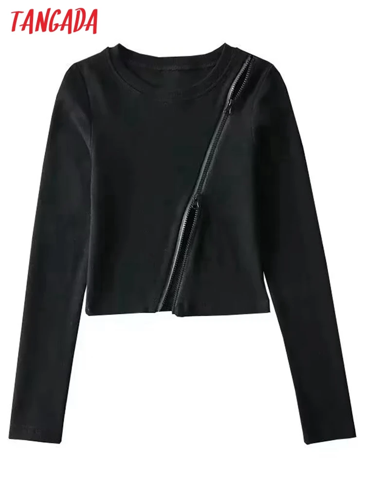 

Кроп-Футболка женская черная однотонная на молнии с длинным рукавом